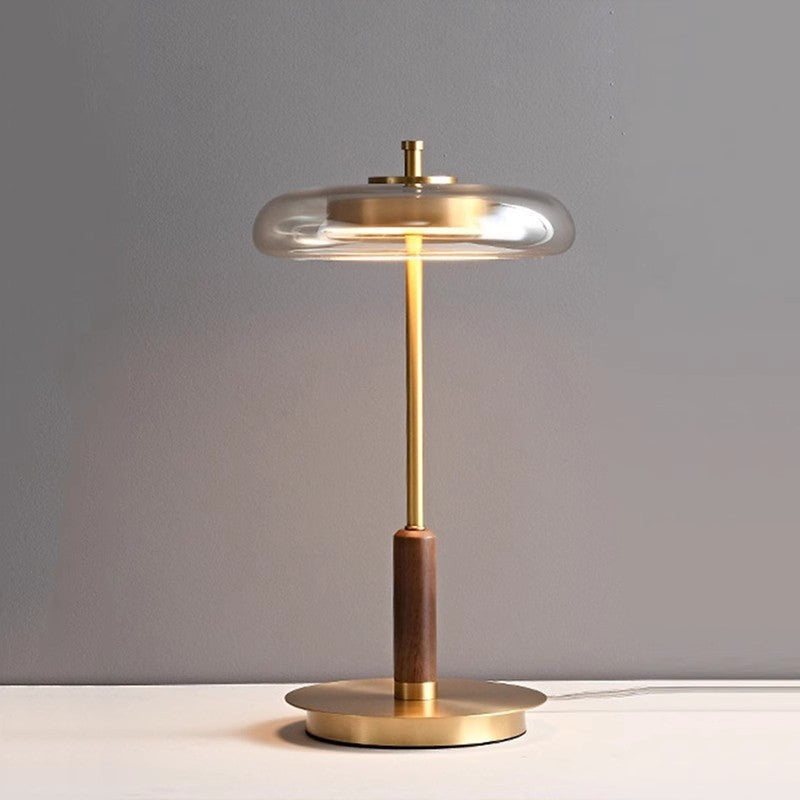 Table Lamp in Brushed Brass, Solid Walnut and Smoked Glass, Dimmable