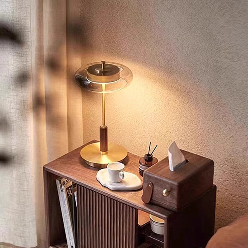 Table Lamp in Brushed Brass, Solid Walnut and Smoked Glass, Dimmable