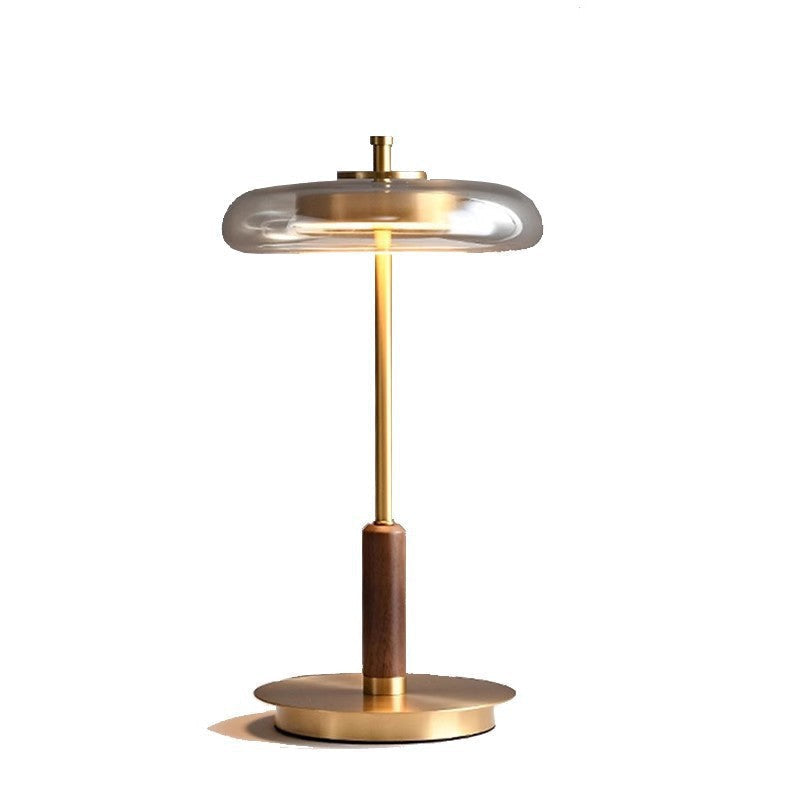 Table Lamp in Brushed Brass, Solid Walnut and Smoked Glass, Dimmable