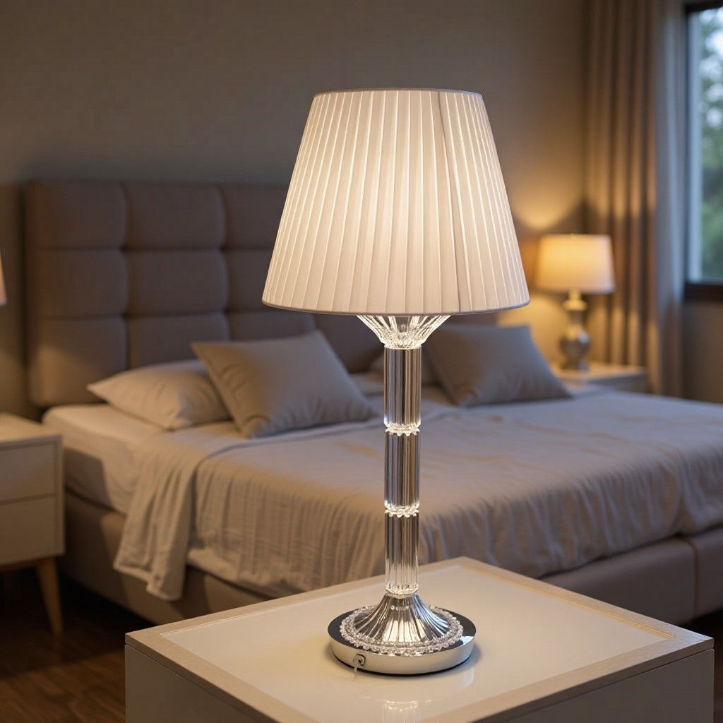 Table Lamp in Crystal Glass with Pleated Fabric Shade, Dimmable