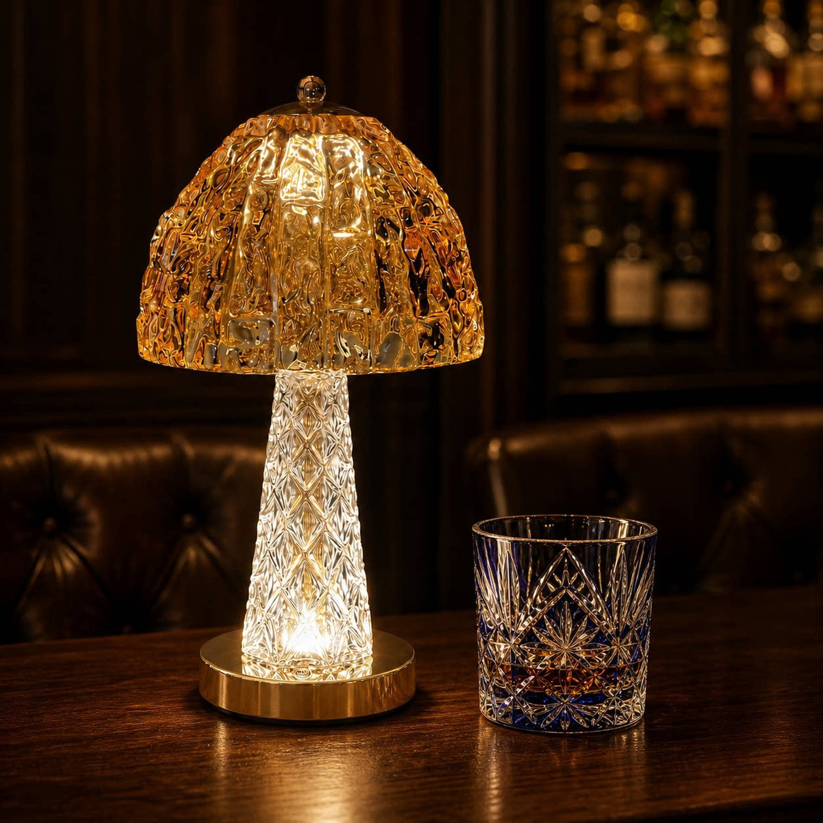 Table Lamp in Cut Crystal Glass, Rechargeable and Dimmable, Mushroom Shape