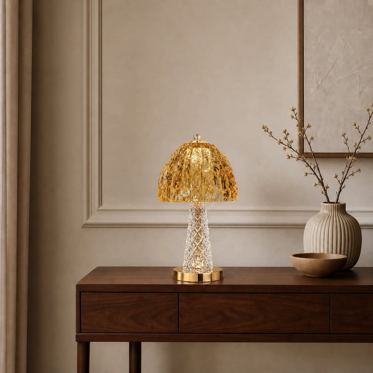Table Lamp in Cut Crystal Glass, Rechargeable and Dimmable, Mushroom Shape