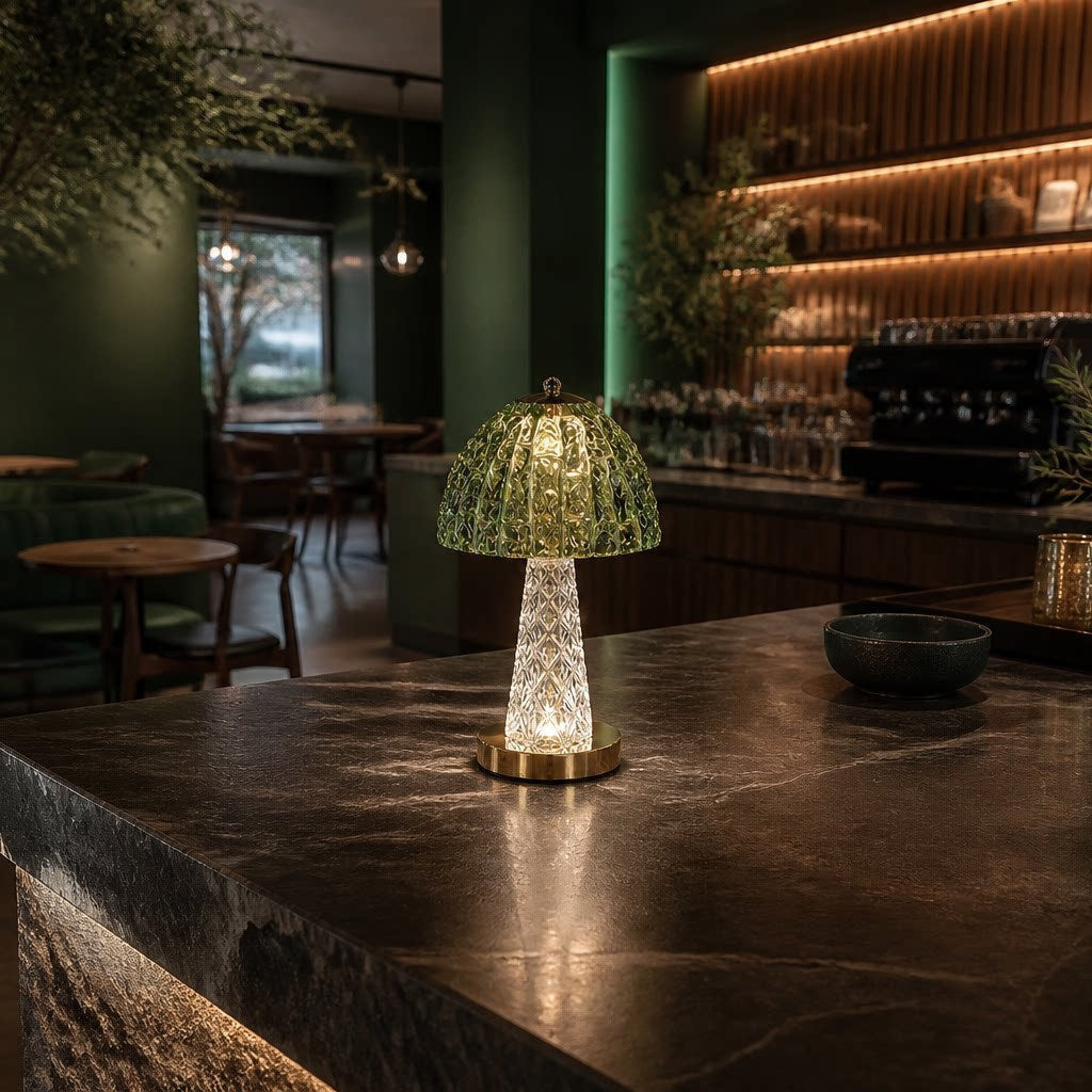 Table Lamp in Cut Crystal Glass, Rechargeable and Dimmable, Mushroom Shape