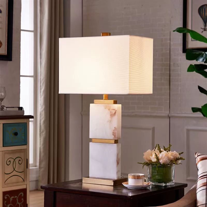 Table Lamp in Marble with Brass Details and Rectangular Fabric Shade