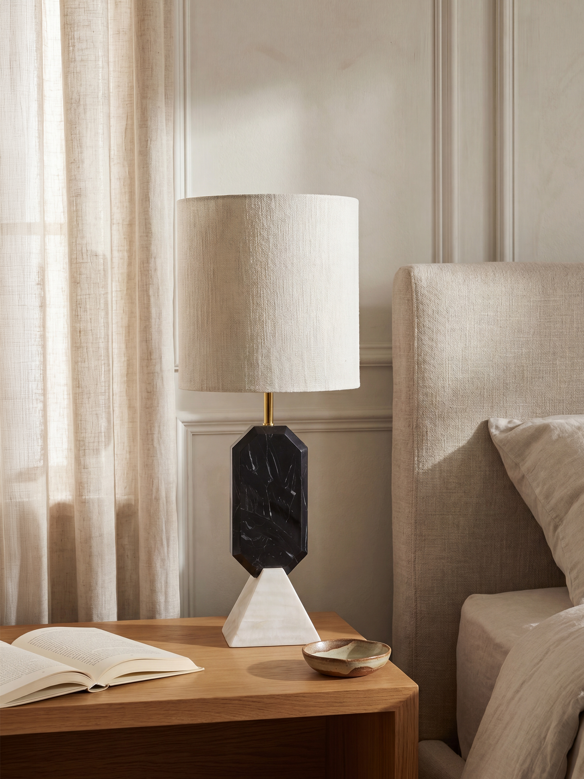 Table Lamp in Marble with Cotton-Linen Shade and Wooden Base