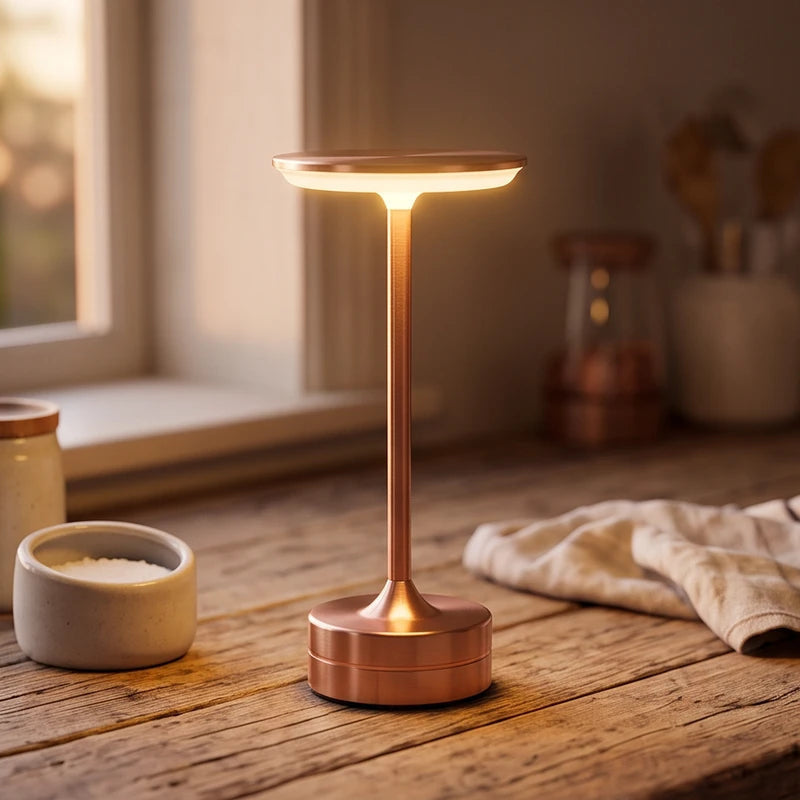 Table Lamp in Metal, Cordless Rechargeable LED with Touch Dimming