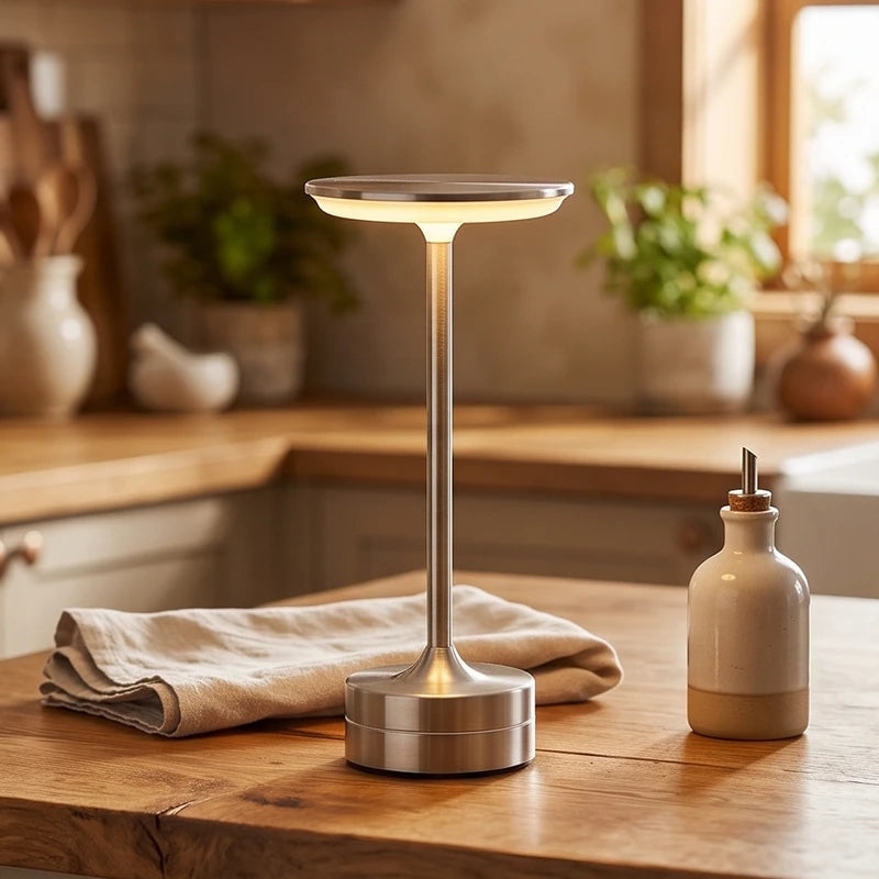 Table Lamp in Metal, Cordless Rechargeable LED with Touch Dimming