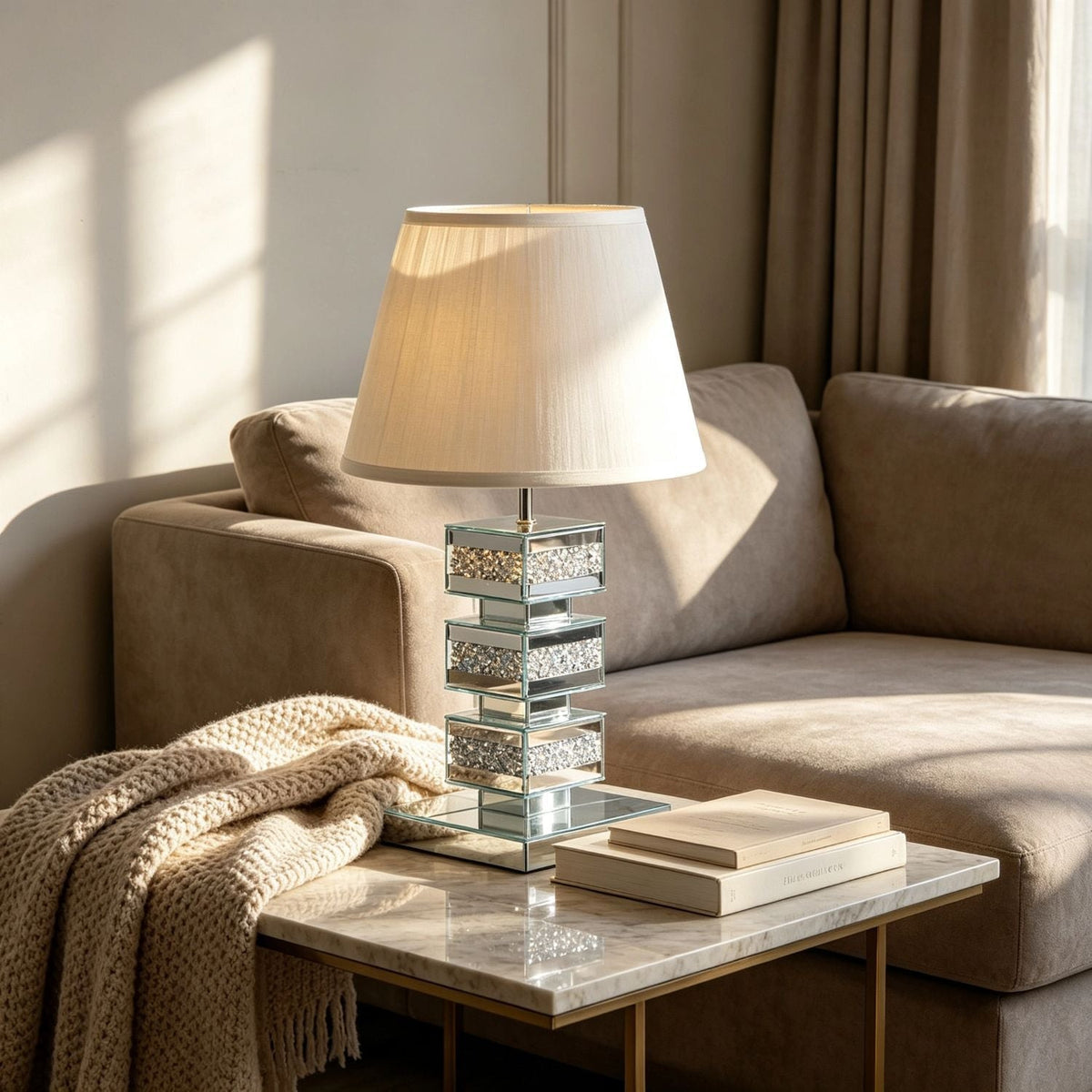 Table Lamp in Mirrored Glass with Crystal Filling and Pleated Fabric Shade