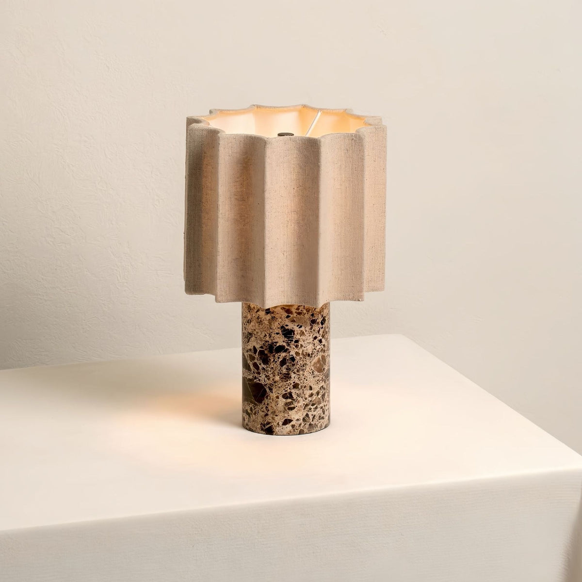 Table Lamp in Natural Marble, Pleated Fabric Shade and Touch Dimmer