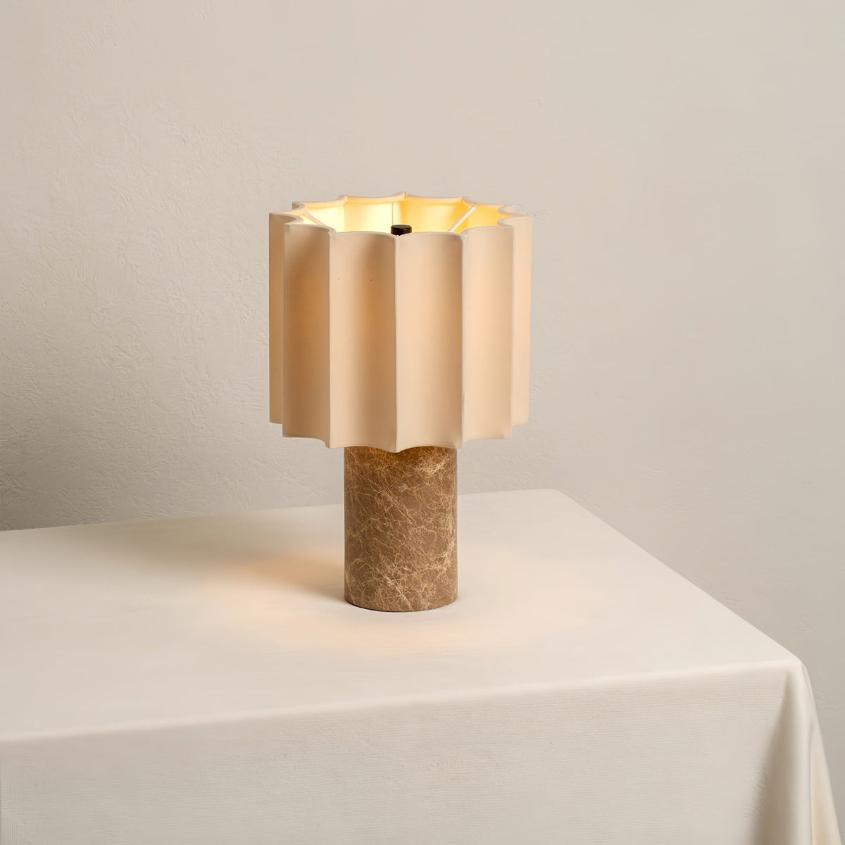 Table Lamp in Natural Marble, Pleated Fabric Shade and Touch Dimmer