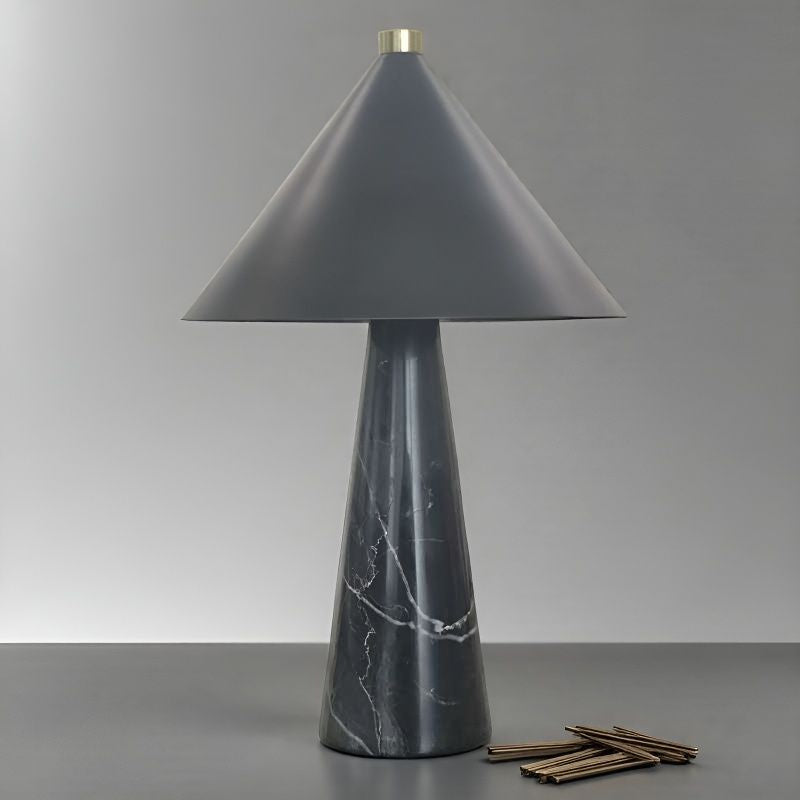 Table Lamp in Natural Marble with Conical Metal Shade, Dimmable