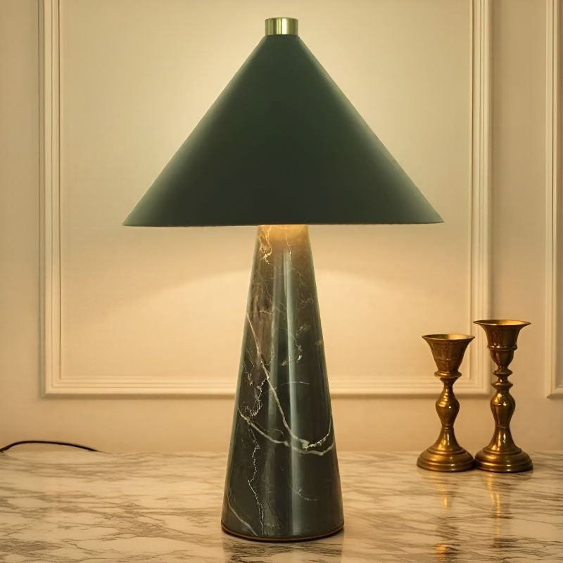 Table Lamp in Natural Marble with Conical Metal Shade, Dimmable
