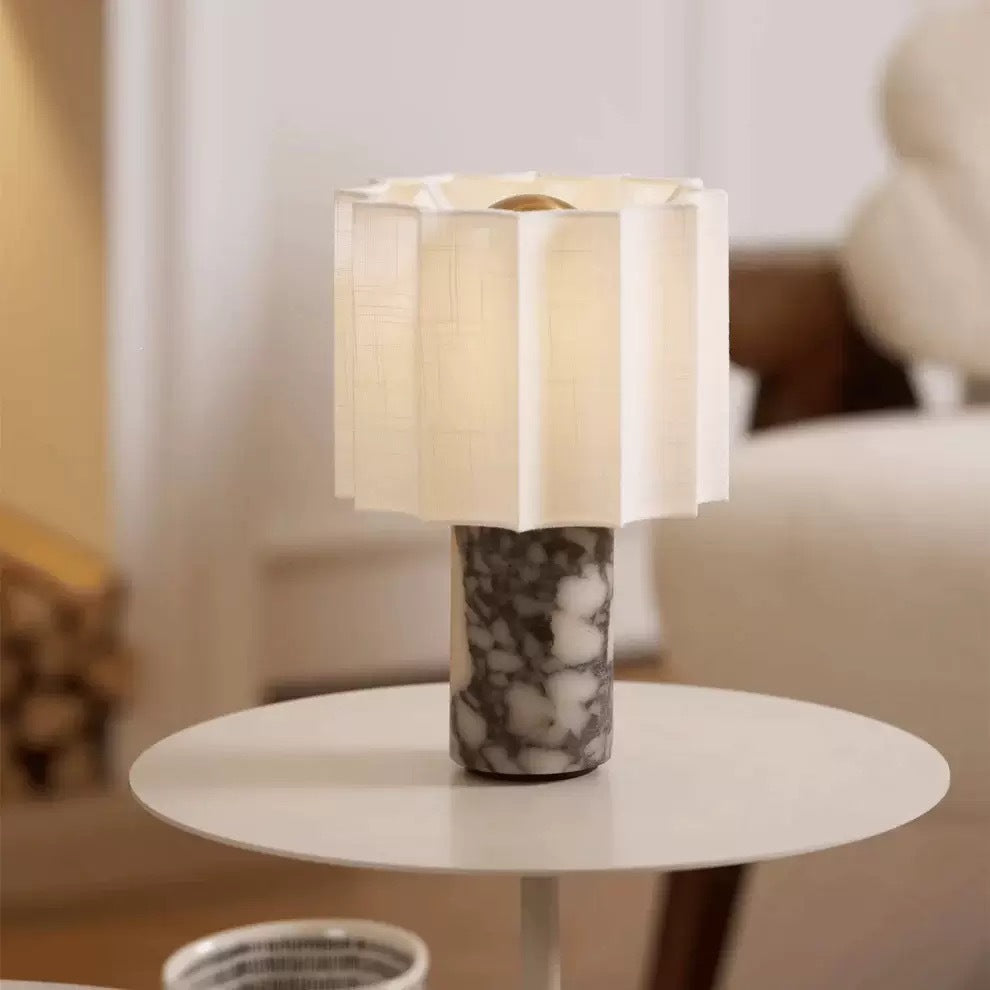 Table Lamp in Natural Marble with Pleated Linen Shade, Rechargeable