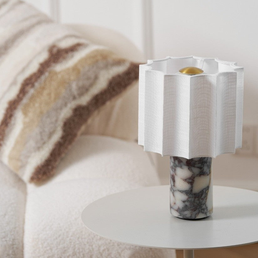 Table Lamp in Natural Marble with Pleated Linen Shade, Rechargeable