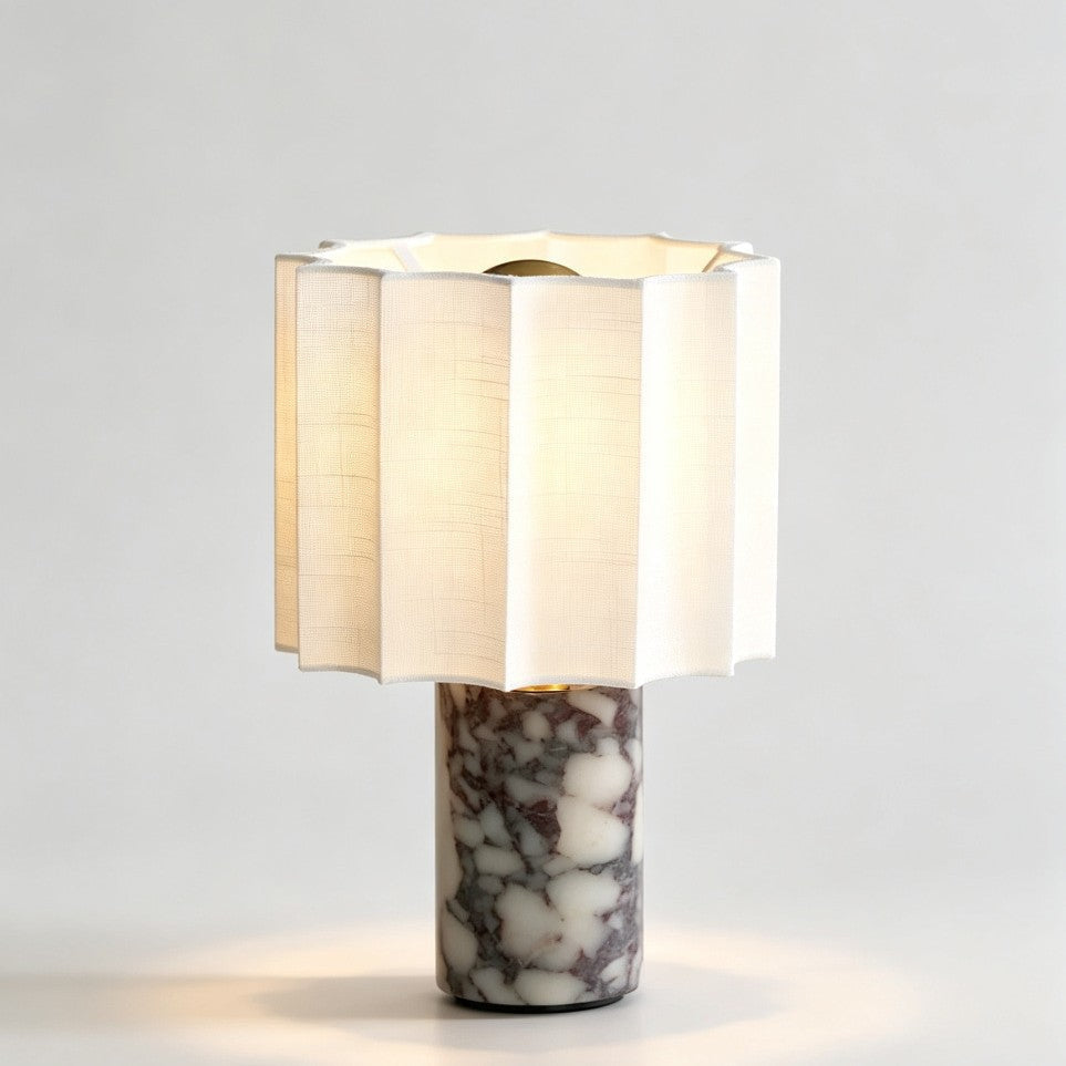 Table Lamp in Natural Marble with Pleated Linen Shade, Rechargeable