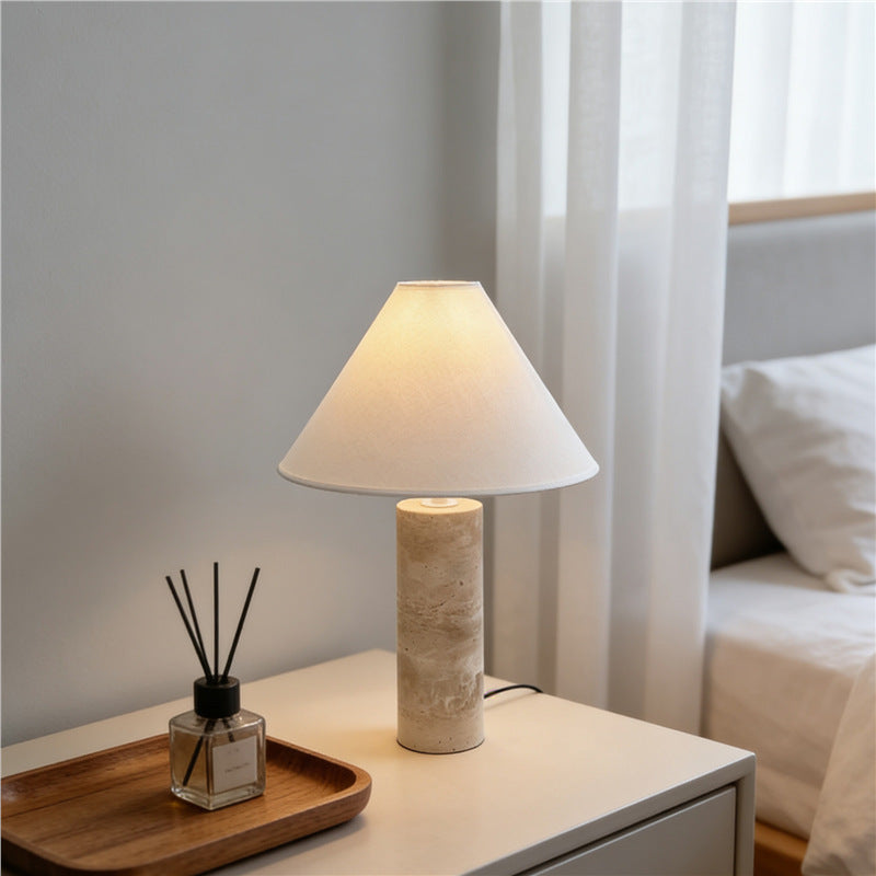 Table Lamp in Natural Travertine with Conical Linen Shade, Dimmable