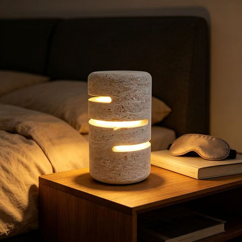 Table Lamp in Solid Travertine, Cylindrical Form with Dimmable Light