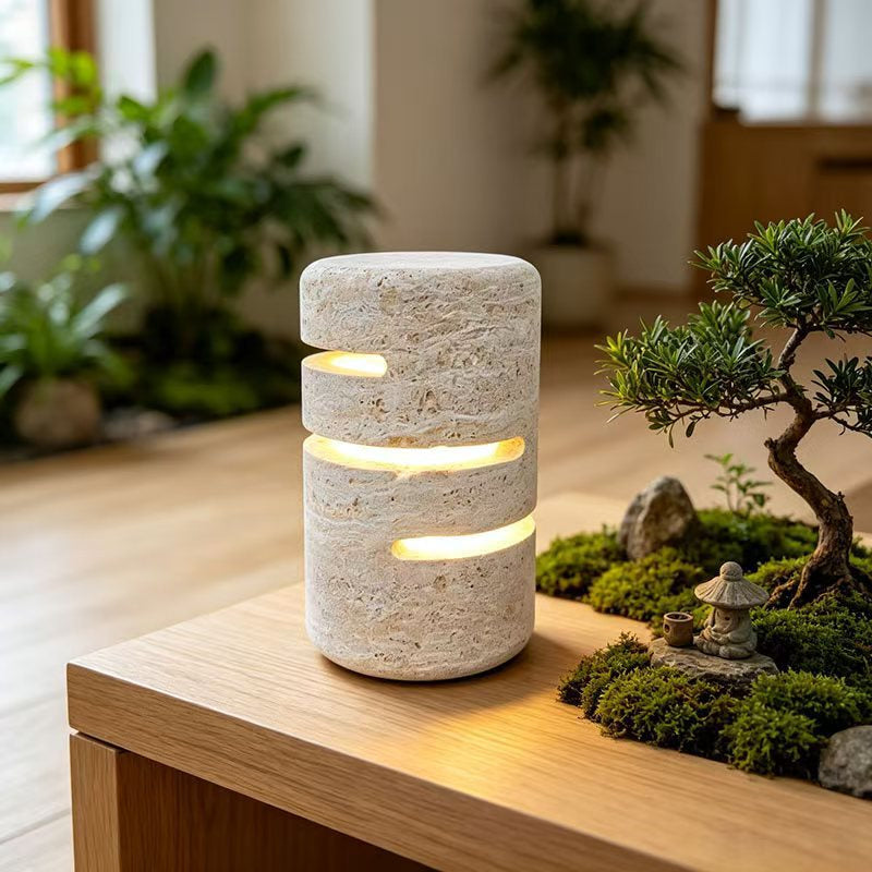 Table Lamp in Solid Travertine, Cylindrical Form with Dimmable Light