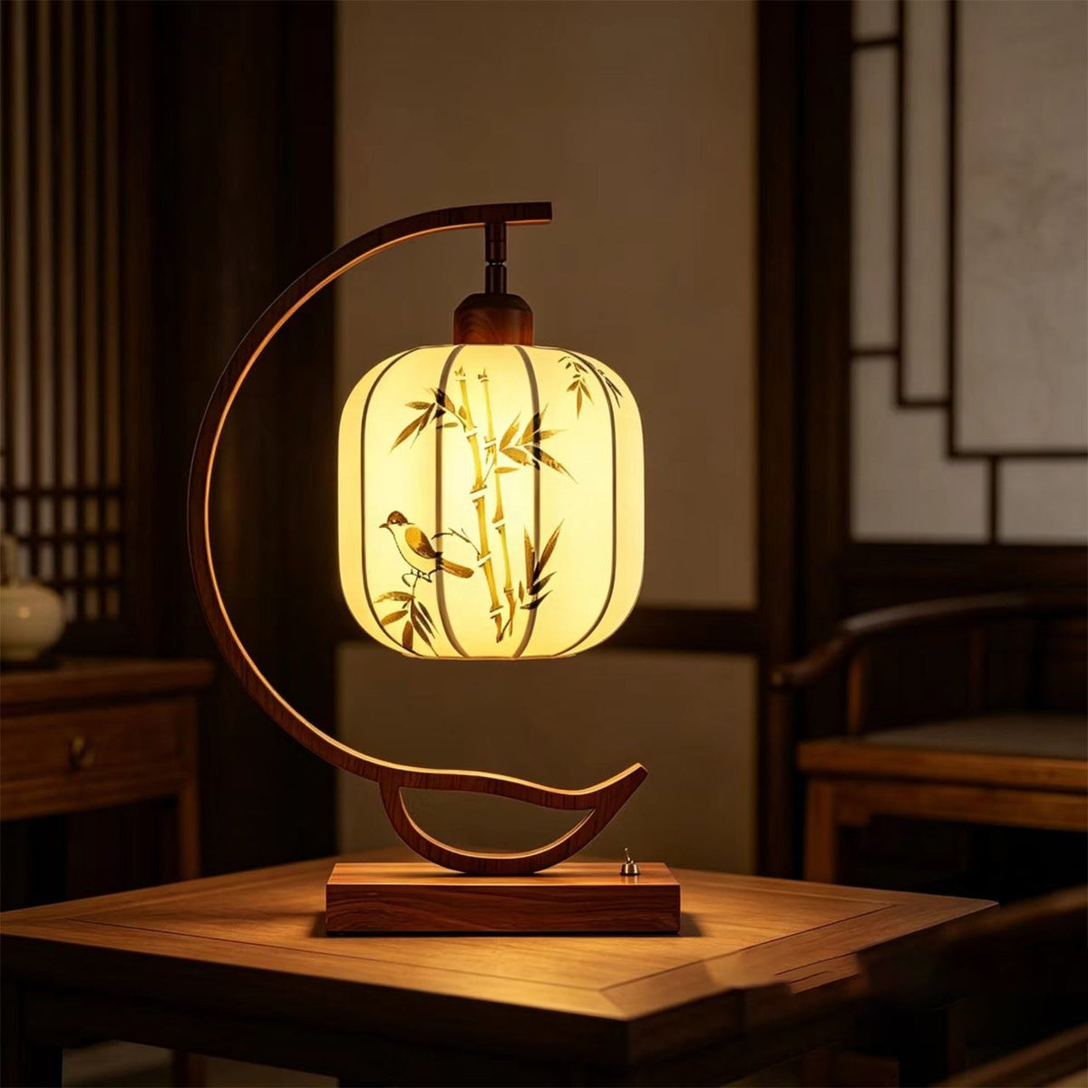 Table Lamp in Solid Walnut with Hand-Painted Fabric Lantern Shade