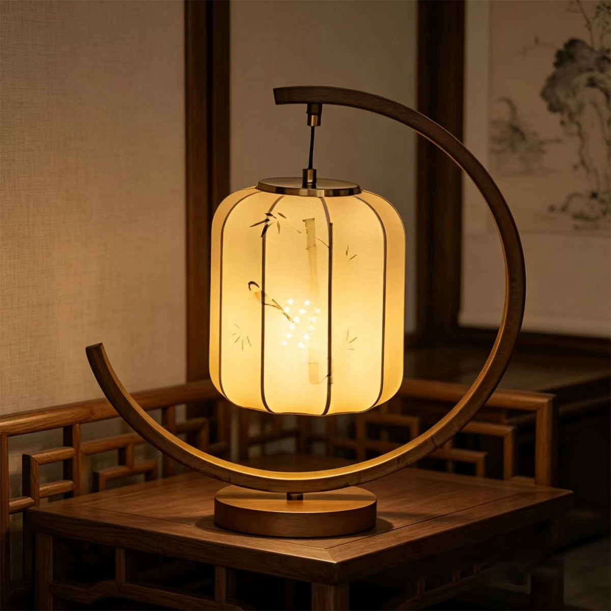 Table Lamp in Solid Walnut with Hand-Painted Fabric Lantern Shade