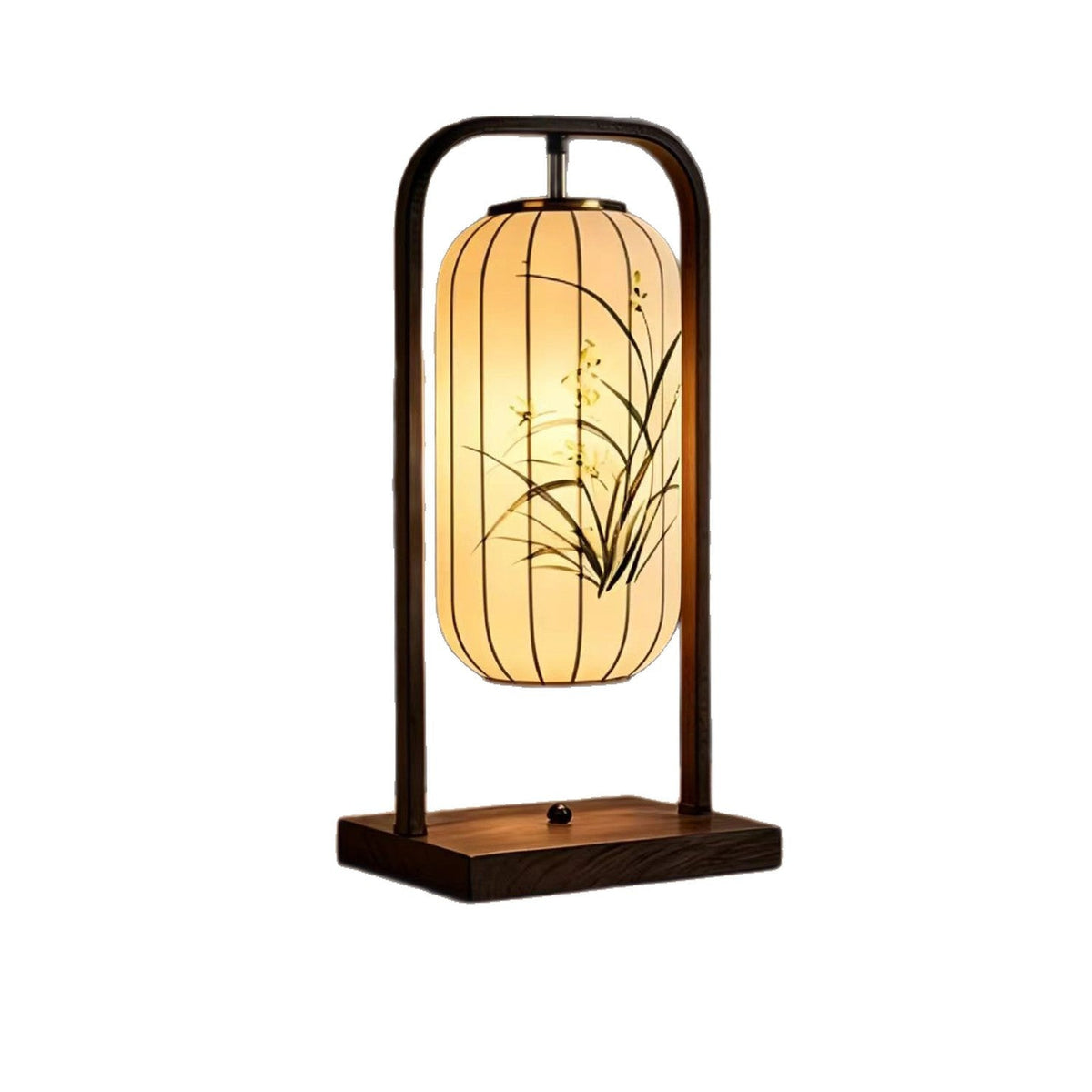 Table Lamp in Solid Walnut with Hand-Painted Fabric Lantern Shade