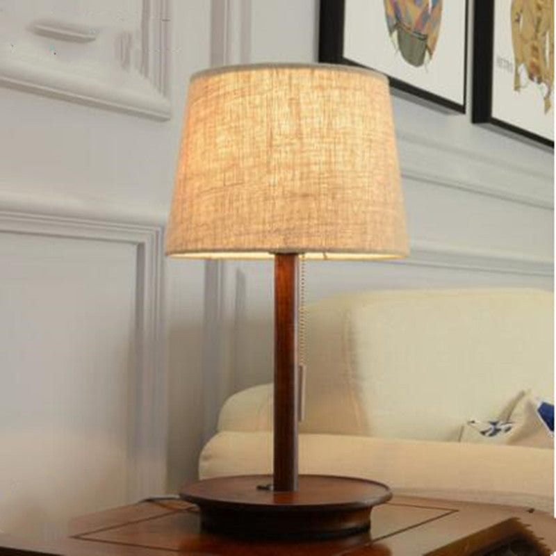 Table Lamp in Solid Walnut with Linen Shade, Dimmable Bedside Light