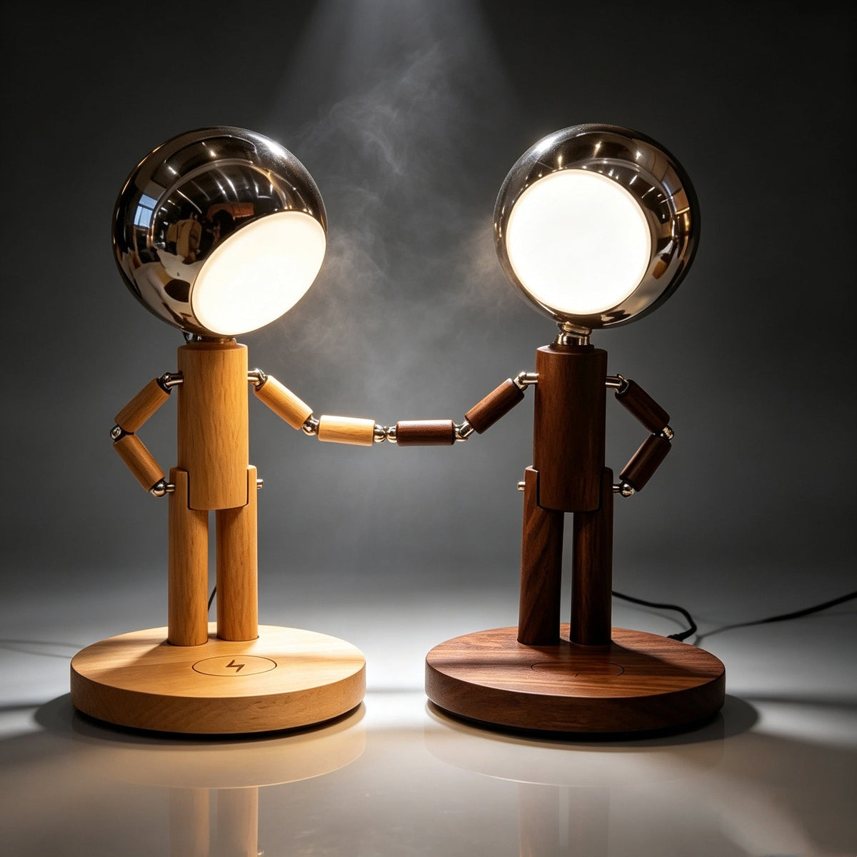 Table Lamp in Solid Wood, Robot Shape with Movable Limbs, Dimmable