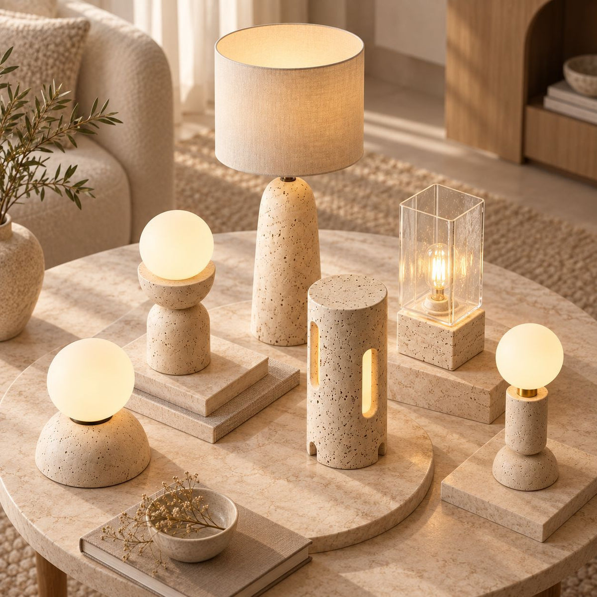 Table Lamp in Travertine, Dimmable Warm White Sculptural Lighting