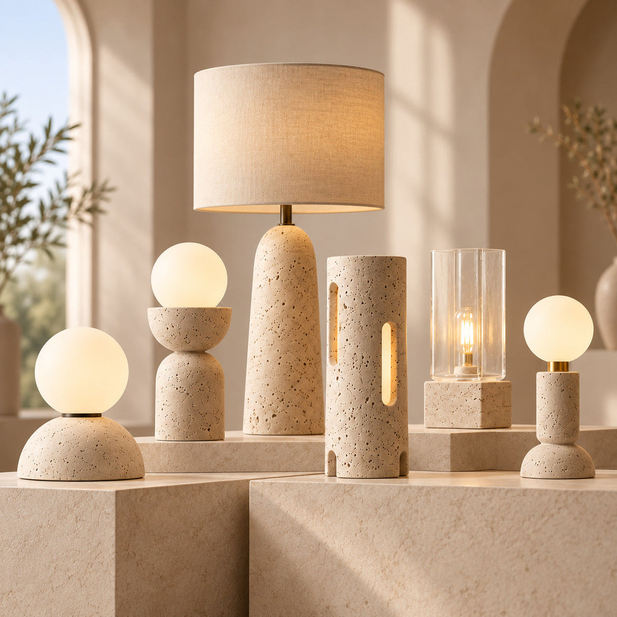 Table Lamp in Travertine, Dimmable Warm White Sculptural Lighting