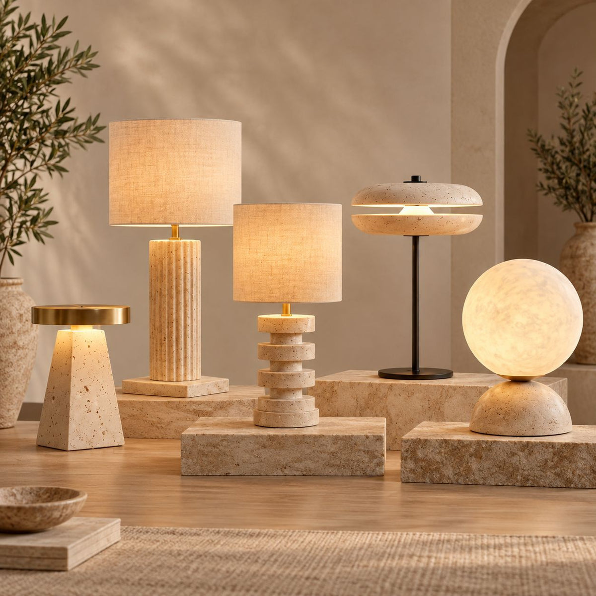 Table Lamp in Travertine with Fabric Shade, Dimmable Bedside Light