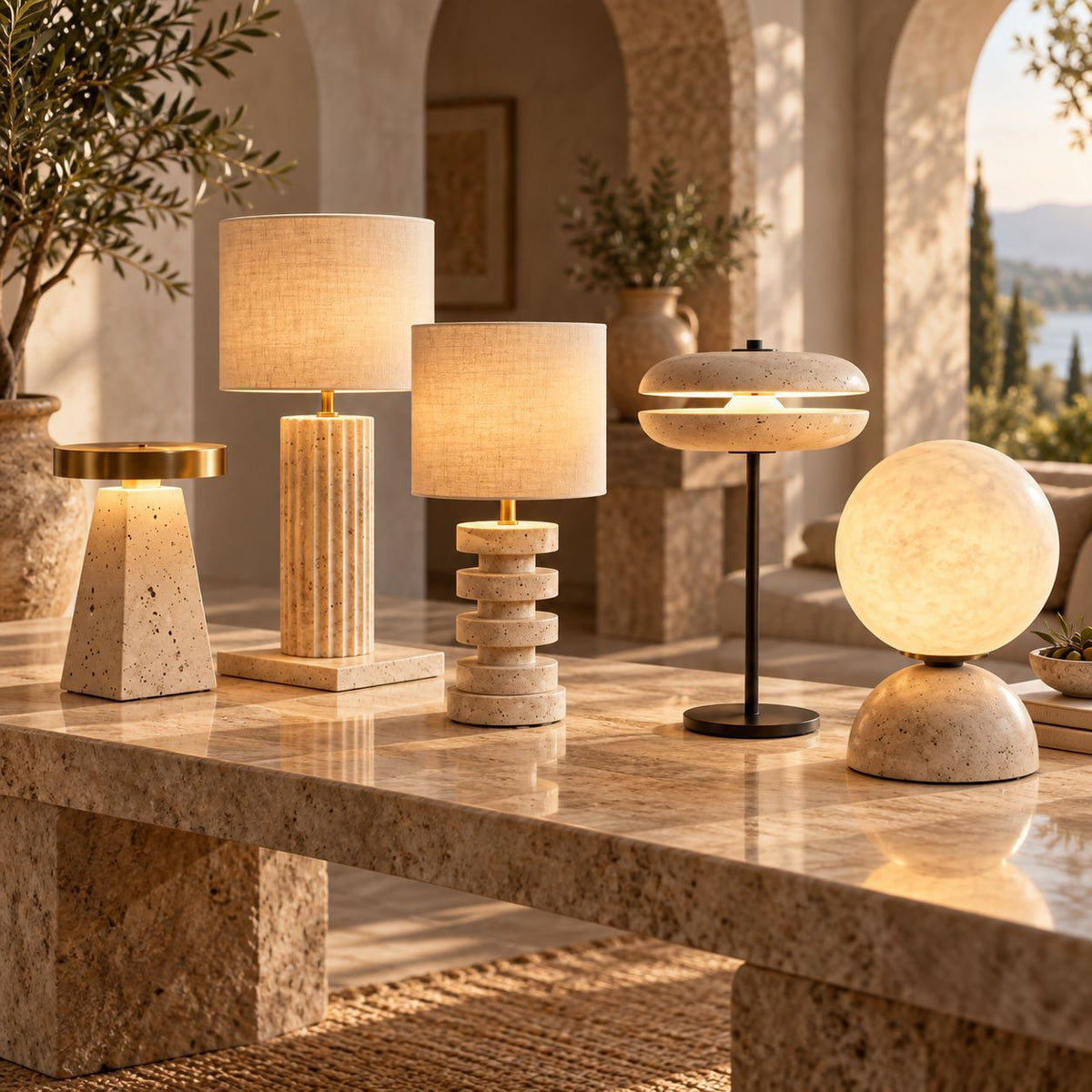 Table Lamp in Travertine with Fabric Shade, Dimmable Bedside Light