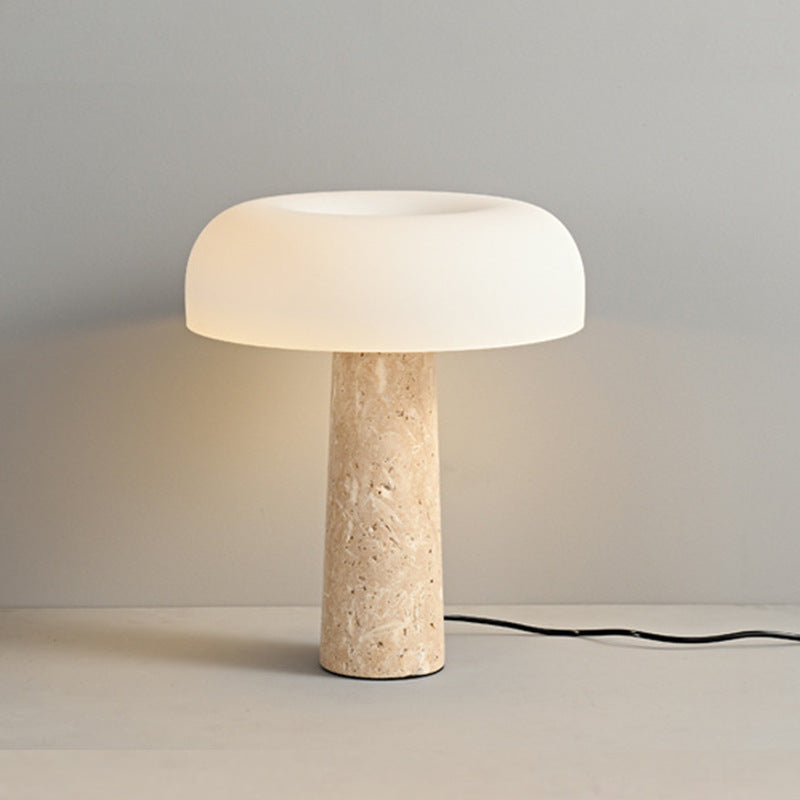 Table Lamp in Travertine with Opal Glass Shade, Dimmable Mushroom Design