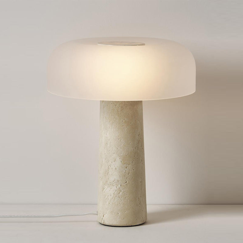 Table Lamp in Travertine with Opal Glass Shade, Dimmable Mushroom Design