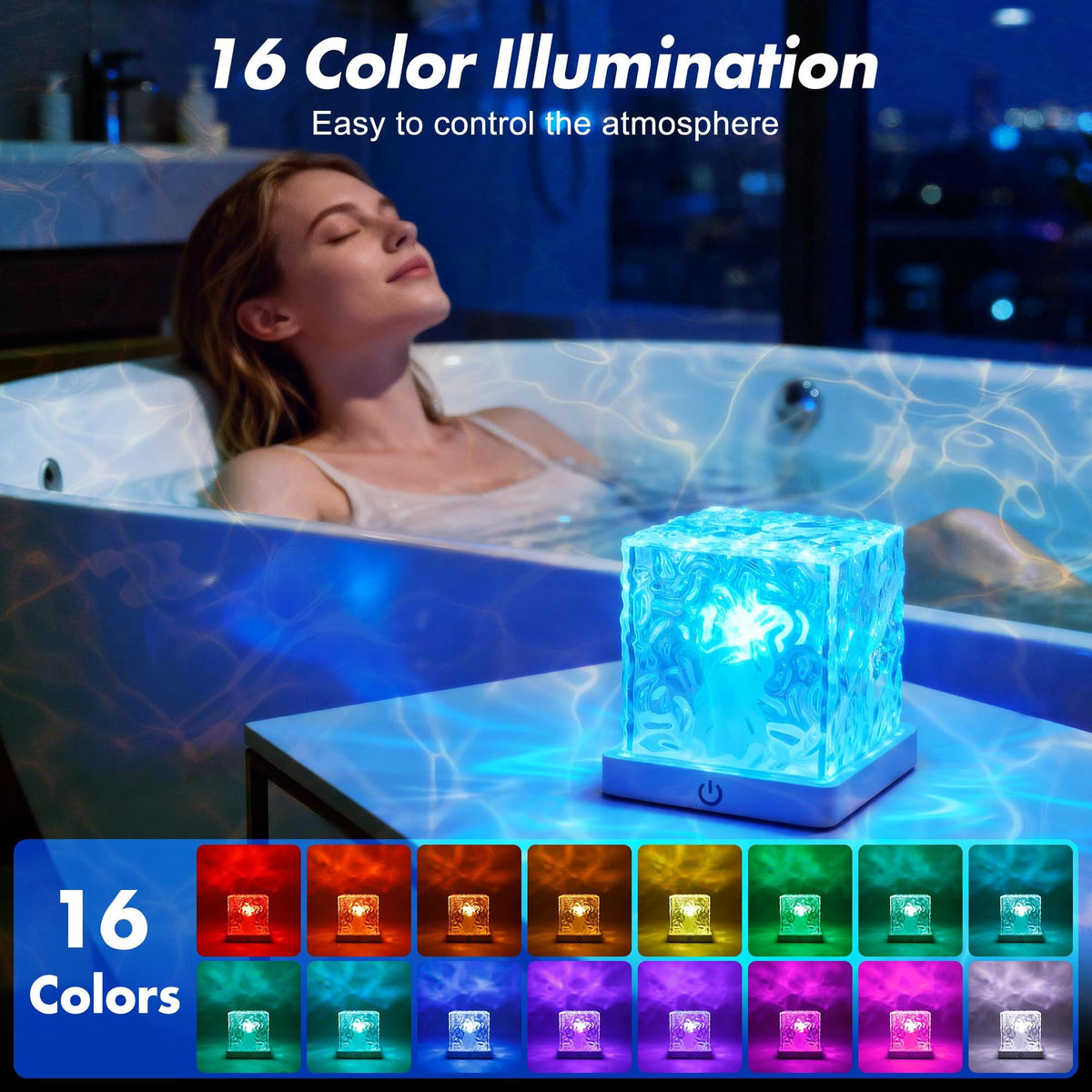 Table Lamp, LED Cube with Water Ripple Projection and Remote Control
