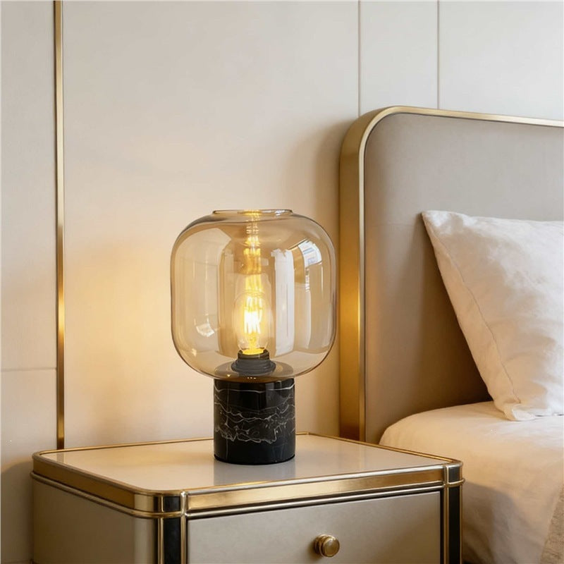 Table Lamp with Amber Glass Shade, Black Marble Base and Dimmable Light