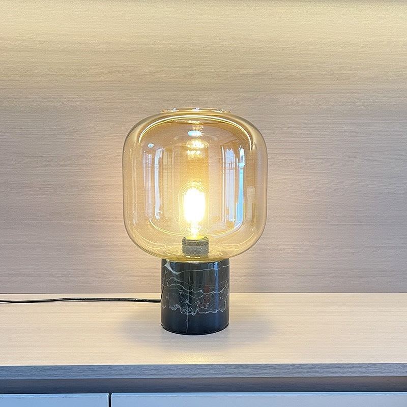 Table Lamp with Amber Glass Shade, Black Marble Base and Dimmable Light