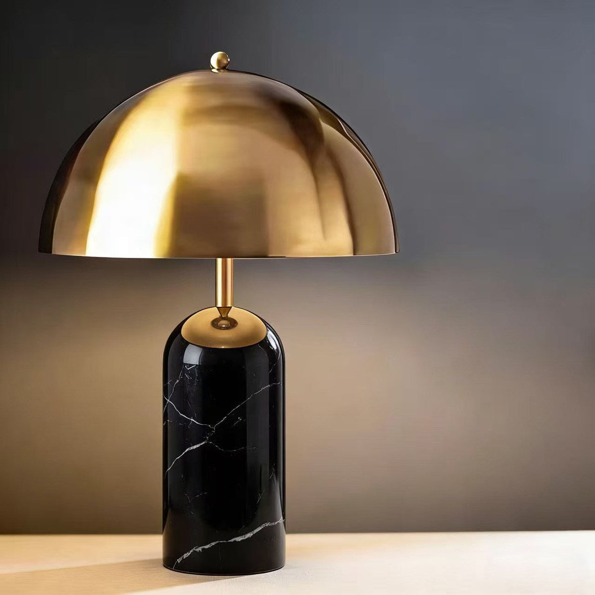Table Lamp with Brass Dome Shade, Dimmable Marble or Travertine Base