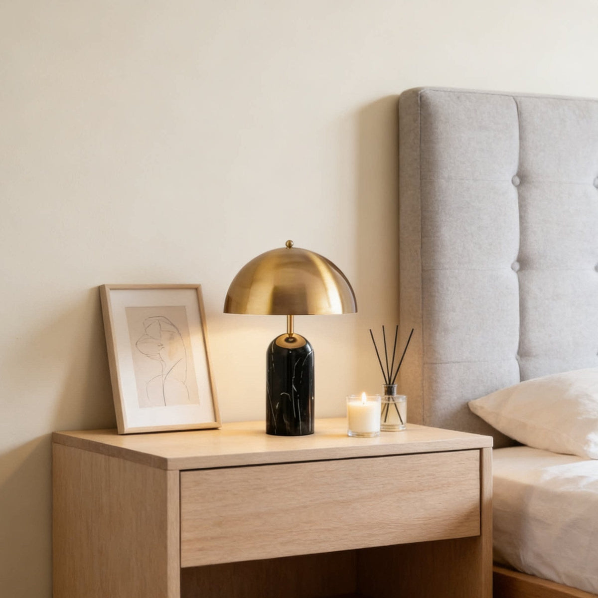 Table Lamp with Brass Dome Shade, Dimmable Marble or Travertine Base