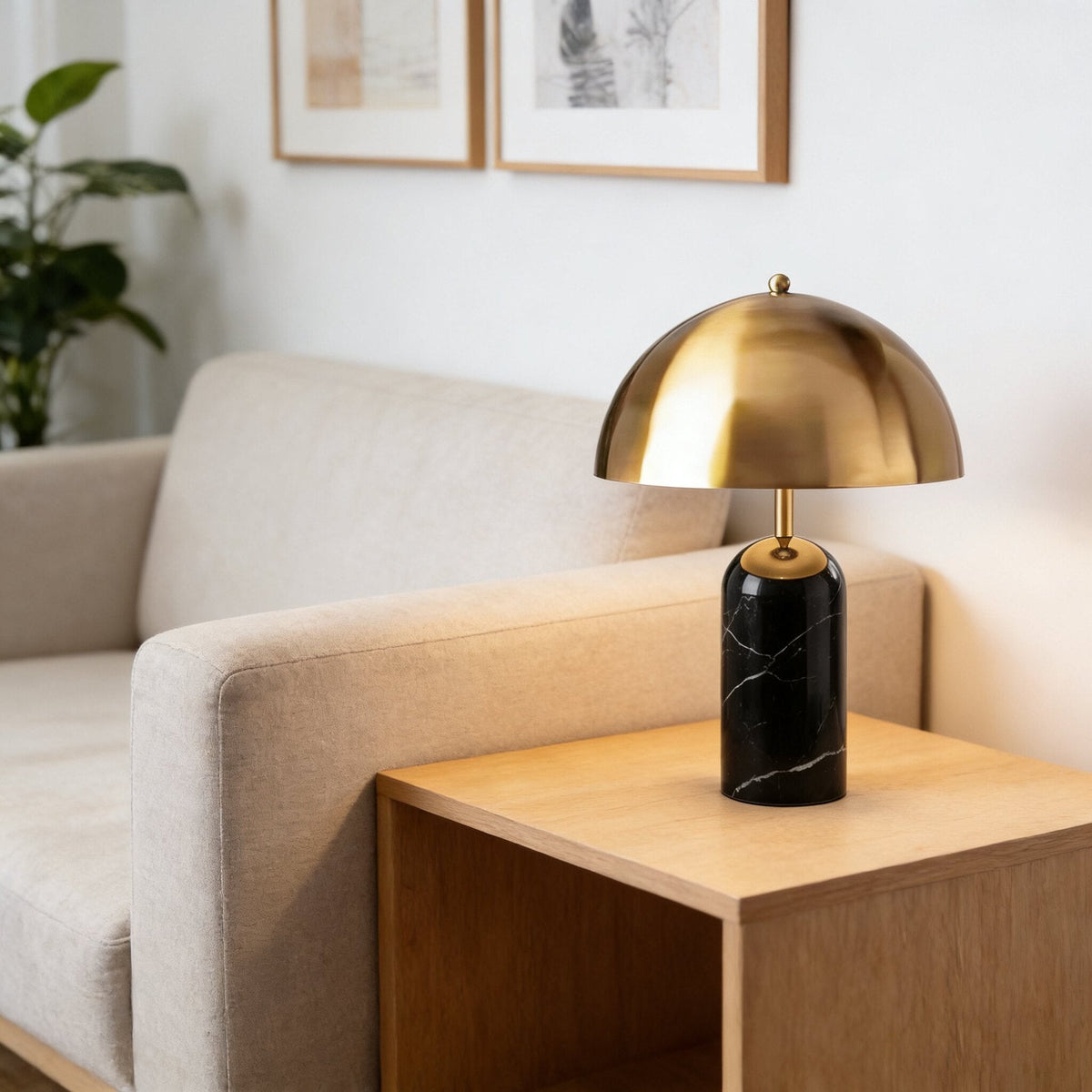 Table Lamp with Brass Dome Shade, Dimmable Marble or Travertine Base