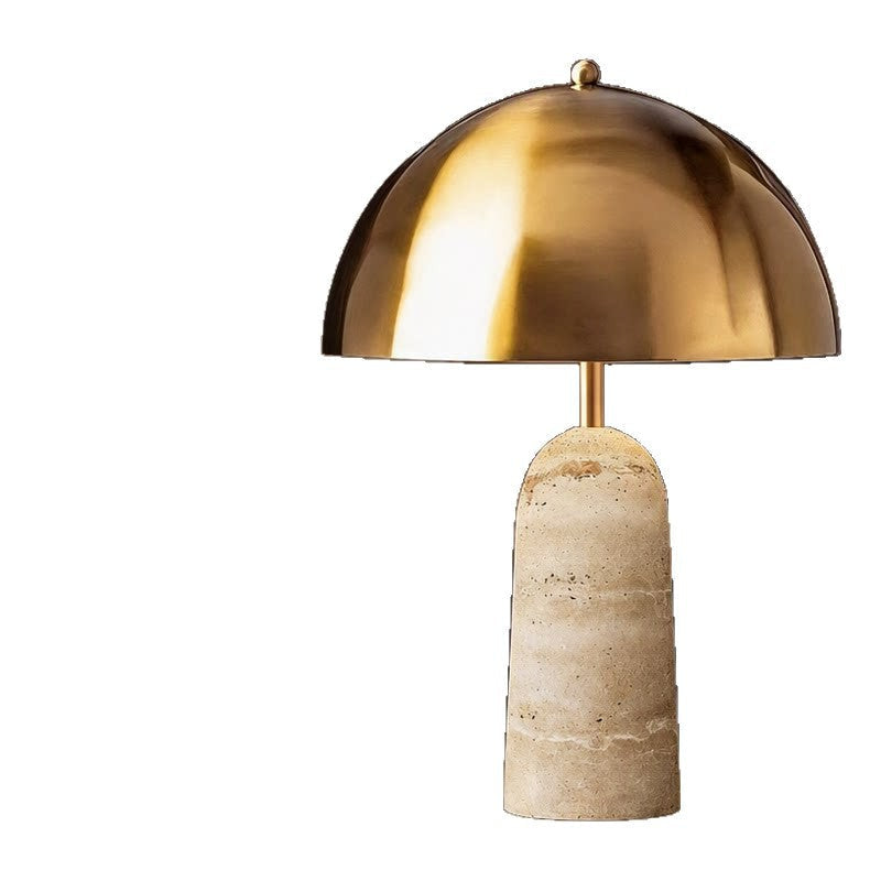 Table Lamp with Brass Dome Shade, Dimmable Marble or Travertine Base