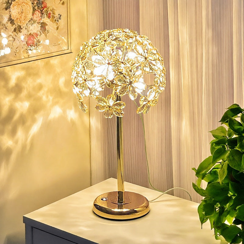 Table Lamp with Crystal Glass Flowers, Dimmable, Gold-Plated Metal Base