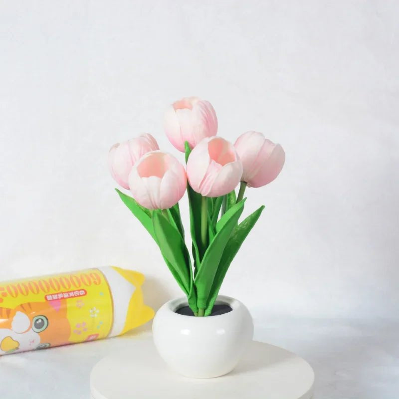 Table Lamp with LED Tulips, Ceramic Pot and Warm Light