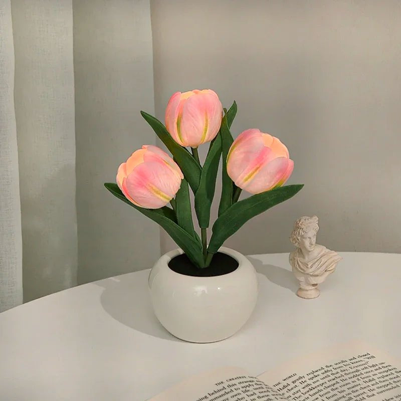 Table Lamp with LED Tulips, Ceramic Pot and Warm Light