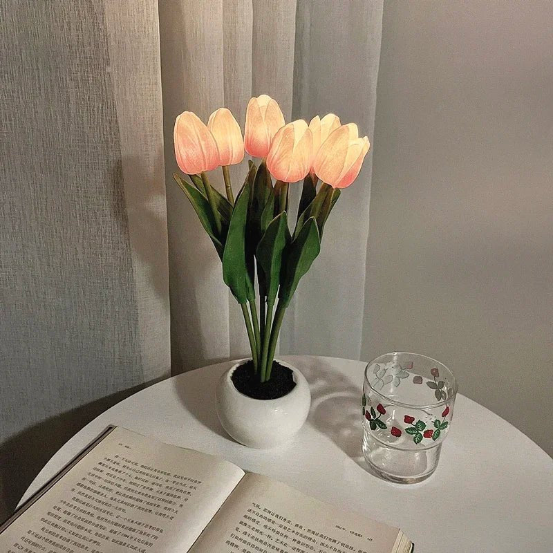 Table Lamp with LED Tulips, Ceramic Pot and Warm Light