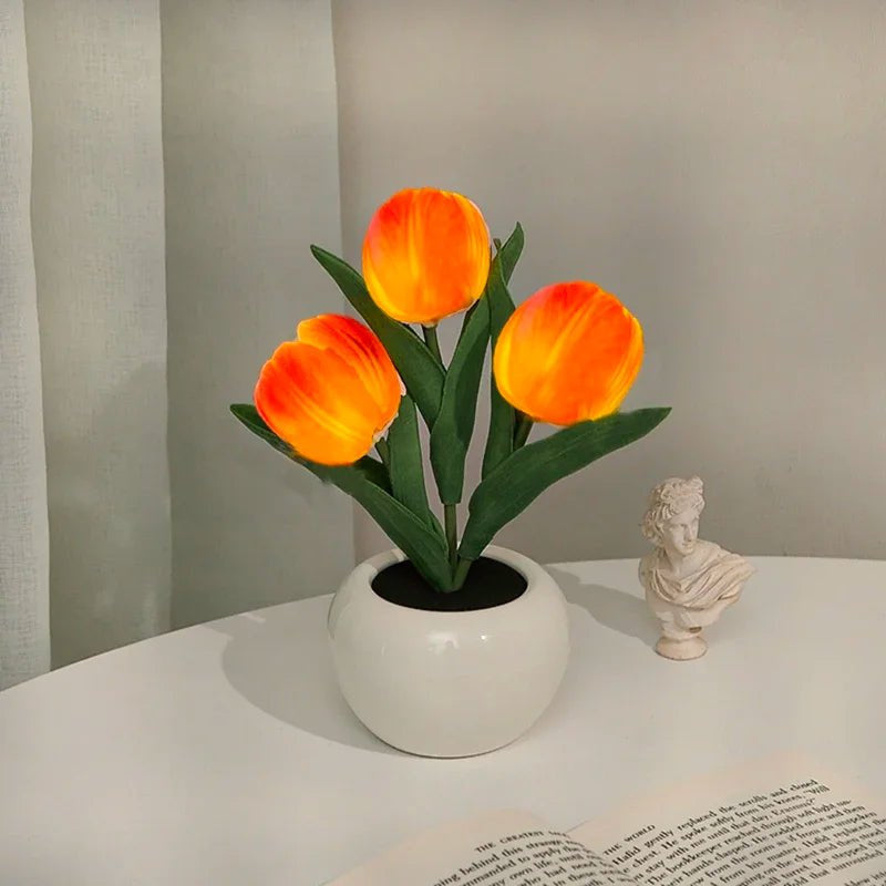 Table Lamp with LED Tulips, Ceramic Pot and Warm Light