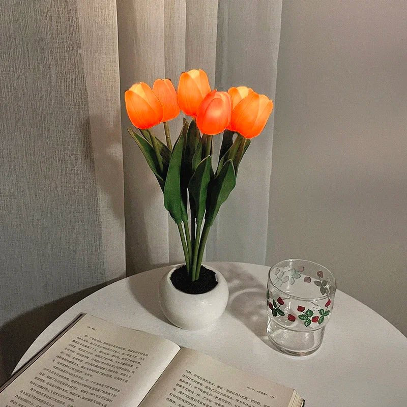 Table Lamp with LED Tulips, Ceramic Pot and Warm Light
