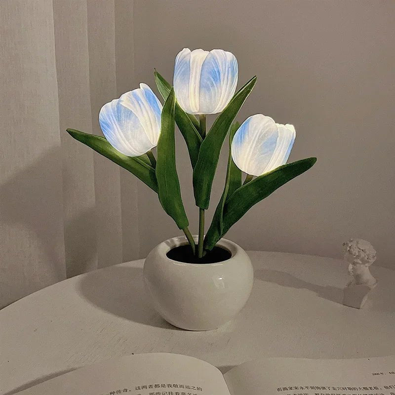 Table Lamp with LED Tulips, Ceramic Pot and Warm Light