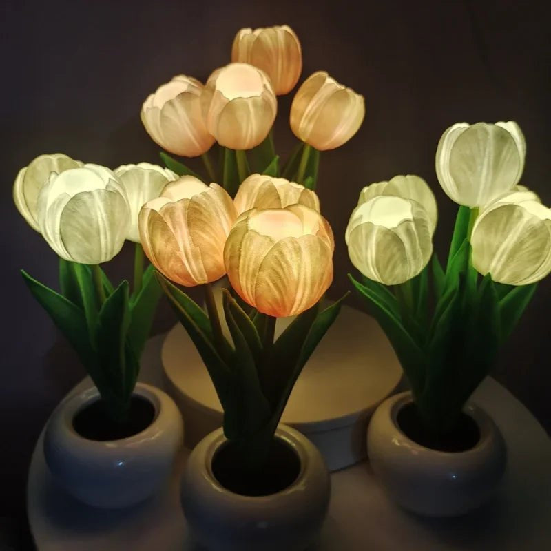 Table Lamp with LED Tulips, Ceramic Pot and Warm Light