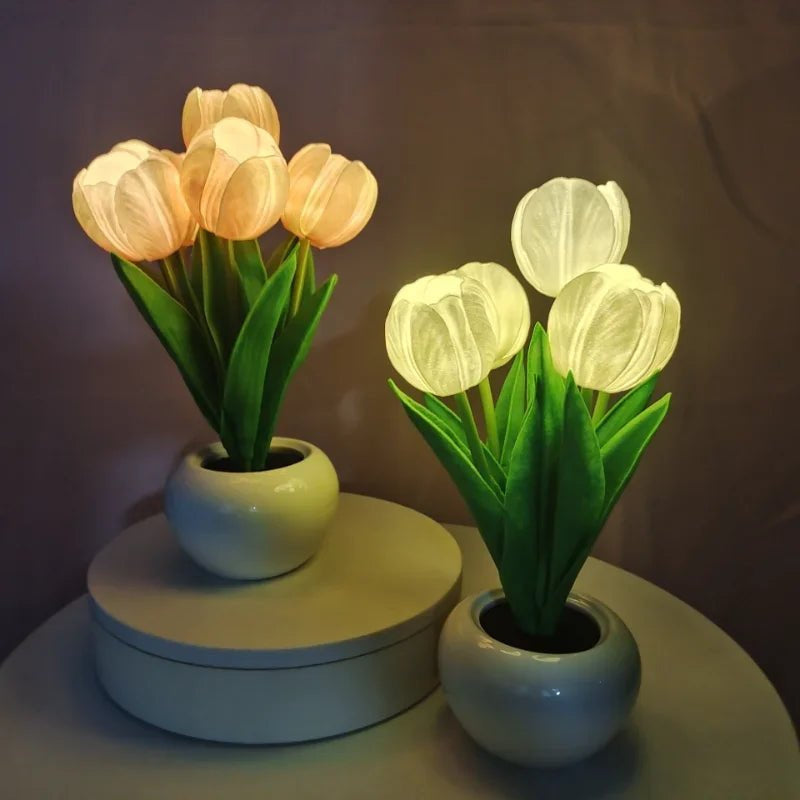 Table Lamp with LED Tulips, Ceramic Pot and Warm Light