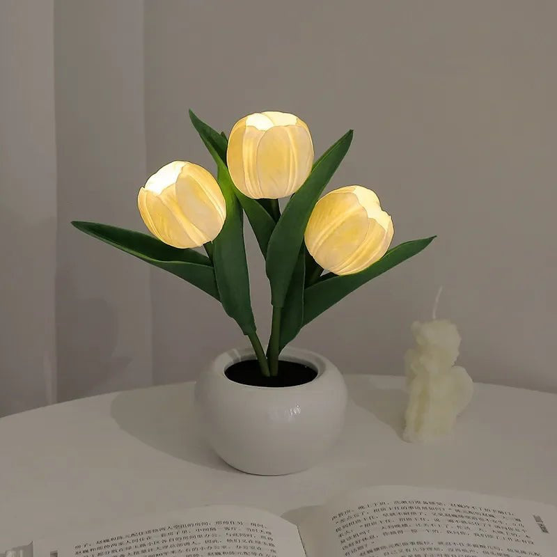 Table Lamp with LED Tulips, Ceramic Pot and Warm Light